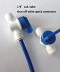 Pack of 5 1/4 in OD tube quick-connect shut-off ball valves with blue lever, plastic fittings for RO systems