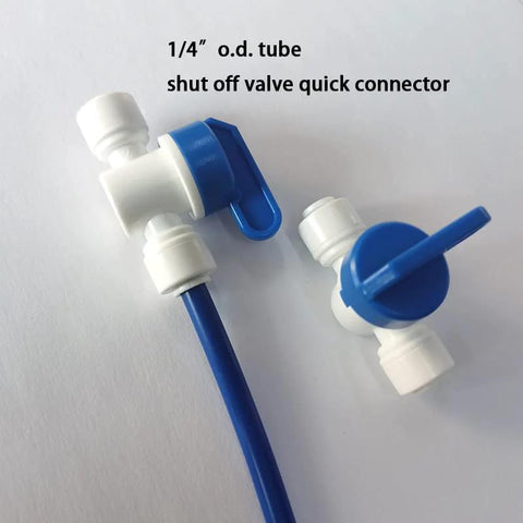 Pack of 5 1/4 in OD tube quick-connect shut-off ball valves with blue lever, plastic fittings for RO systems