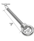 Next Level 3 8 By 6 Inch 304 Stainless Steel Shoulder Eye Bolt showing dimensions, designed for heavy duty framing and rigging.