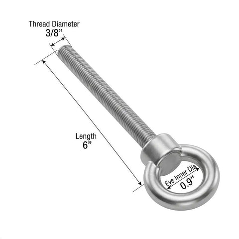 Next Level 3 8 By 6 Inch 304 Stainless Steel Shoulder Eye Bolt showing dimensions, designed for heavy duty framing and rigging.