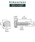 Dimensions of Half Inch By One And Half Inch Hex Head Lag Screws With Flat Washers, 304 Stainless Steel 18 8 Full Thread Deck Screws