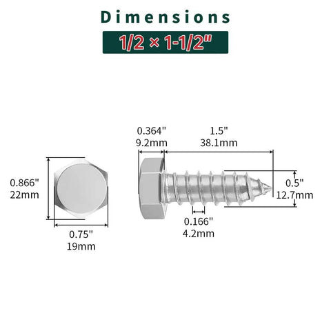Dimensions of Half Inch By One And Half Inch Hex Head Lag Screws With Flat Washers, 304 Stainless Steel 18 8 Full Thread Deck Screws