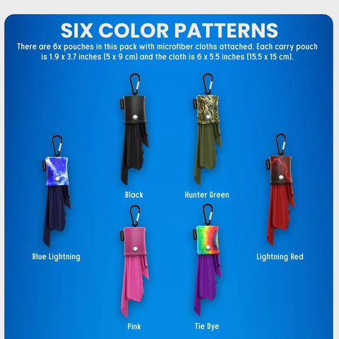 Front view: Purgenic six-pack microfiber cloths with attached color-patterned pouches and carabiner clips