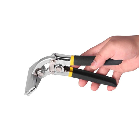 Hand holding Durable Alloy Steel Hand Seamer for Metalworking with 80mm bent jaw, used for bending, seaming, and flattening sheet metal.