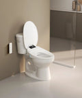 Upgraded Elongated Bidet Toilet Seat With Adjustable Warm Wash And Hot Air Dryer Featuring Self Cleaning Nozzle And Smart Remote in a bathroom setting.