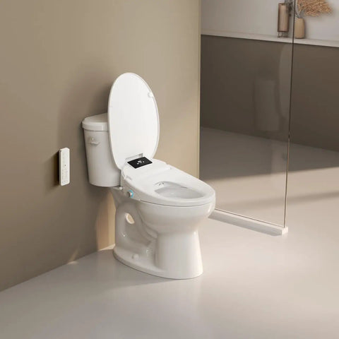 Upgraded Elongated Bidet Toilet Seat With Adjustable Warm Wash And Hot Air Dryer Featuring Self Cleaning Nozzle And Smart Remote in a bathroom setting.