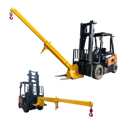 Boss Grade 3 Ton Forklift Jib Boom Crane Adapter mounted on forklift, showing extendable arm and hook for material handling.