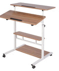 Height Adjustable Overbed Table With Smooth Rolling Casters, Sit To Stand Laptop Desk, Ergonomic Steel Frame Cart For Bed Or Couch, brown finish with adjustable surfaces.