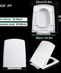 Square Toilet Seat With Smooth As Butter Soft Close Slow Shut Lid Quick Release Hinges, adjustable length and hole spacing.
