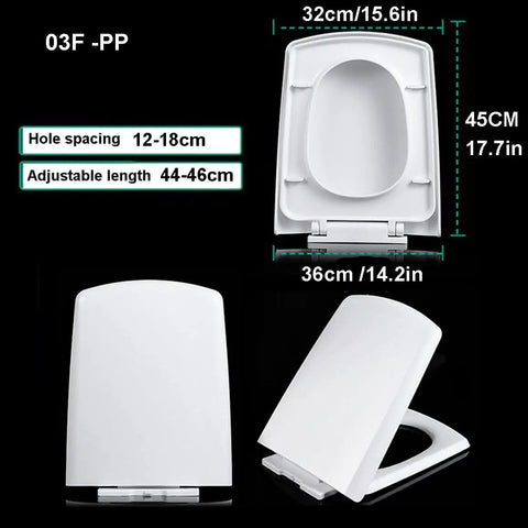 Square Toilet Seat With Smooth As Butter Soft Close Slow Shut Lid Quick Release Hinges, adjustable length and hole spacing.