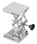 Stainless steel lab scissors jack with 6x6 inch platform, adjustable 75–260 mm height, supports 10 kg