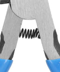 Close-up of Beefy Diagonal Wire Cutter Pliers With Rebound Spring, showing sharp edges and spring mechanism for easy one-hand cuts.