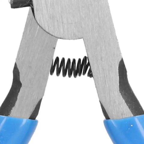 Close-up of Beefy Diagonal Wire Cutter Pliers With Rebound Spring, showing sharp edges and spring mechanism for easy one-hand cuts.