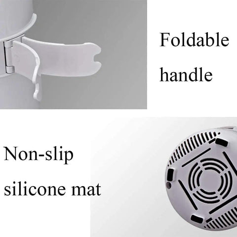 Close-up of Sharp Two In One Electric Cooling Cup And Slim Desktop Beverage Chiller showing foldable handle and non-slip silicone mat.