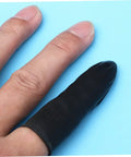 Heavy Duty 1000 Pack Finger Sleeve Protectors Soft Latex Tip Guards on a finger against blue background.
