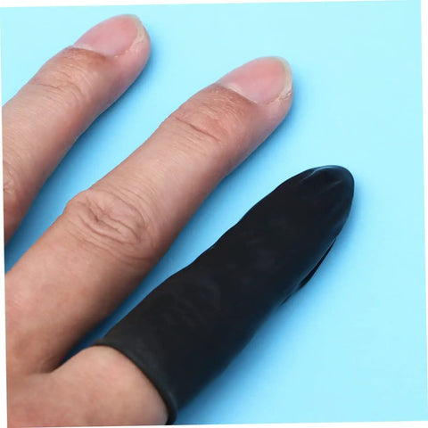 Heavy Duty 1000 Pack Finger Sleeve Protectors Soft Latex Tip Guards on a finger against blue background.