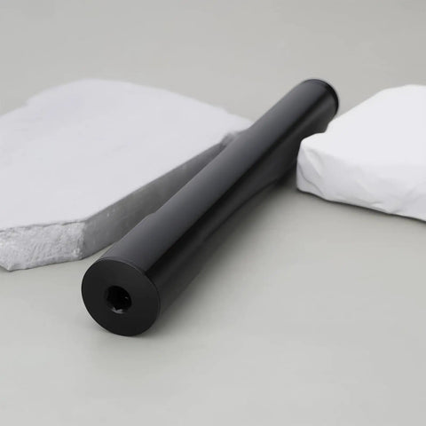 Thru Axle 20mm x 110mm with 175mm Overall Length, black aluminum, compatible with Fox 40 Forks, displayed on gray surface