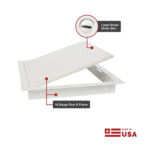 Top Shelf 18 Gauge Steel Drywall Access Door Panel With A No Fuss Cam Latch And Rock Solid Keyed Cylinder Lock 22X30 Inches open with screwdriver slot