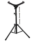 Badass Folding Snare Drum Stand With Slick Silent Storage Rack Plus Adjustable Alloy Frame featuring a matte black finish and adjustable height.