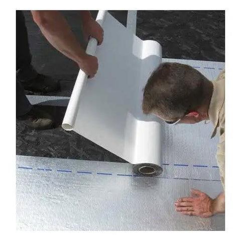 Heavy Duty Self Stick Roll Roofing Gray Waterproof Peel and Seal Tape for RV Trailer Homes Low Slope Pitch Roofs Killer Seal with 45 Mil Thickness being installed on a roof.