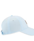 Light blue baseball cap, side view, with adjustable strap and subtle stitching on brim.