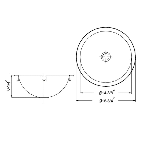 Technical diagram of the Opus 16 Inch Undermount Stainless Steel Bathroom Sink With Overflow Drain Assembly, showing dimensions.