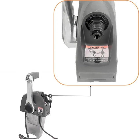 Remote Throttle Control Box For Outboard Motors, Single Top Mount, Model 5006186 with warning label and cable detail