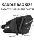 Side view of 1.5L Bike Saddle Bag For Mountain And Road Bikes, showing detailed measurements, durable PU fabric with diamond grid.