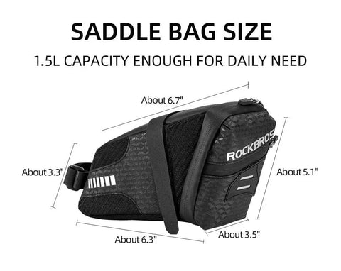 Side view of 1.5L Bike Saddle Bag For Mountain And Road Bikes, showing detailed measurements, durable PU fabric with diamond grid.