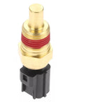 Engine coolant temperature sensor with brass body, red threaded seal, and black plastic connector