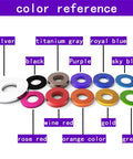 Color reference chart showing various Aluminum Flat Washers in colors including titanium gray, rose red, and more.