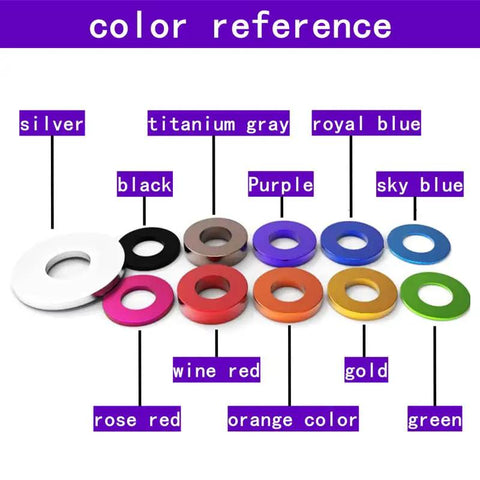 Color reference chart showing various Aluminum Flat Washers in colors including titanium gray, rose red, and more.