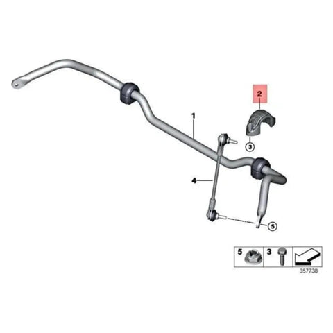 Diagram of front stabilizer link bracket replacement for cars 2014-2020, part number 33506861149, showing ABS mount and components.