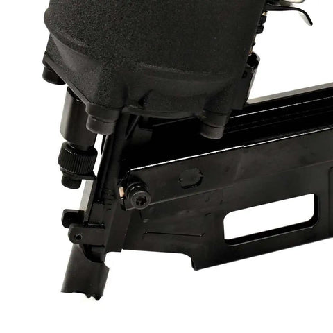 Close-up of 21 Degree 3-1/4 Inch Full Round Head Framing Nailer With Depth Adjustment for Quick Drive Power, detail of nail magazine.