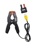 Klein Tools three-piece K-Type pipe thermometer kit for HVAC: clamp with orange jaws, sensor, and yellow plug.