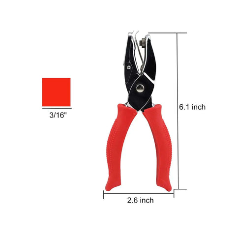 Square Hole Paper Punch 3 Sixteenth Inch Handheld Puncher With Red Soft Grip Handle and 3/16 inch measurement chart