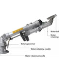 360 Degree Rotating Farm Irrigation Spray Gun With Adjustable Nozzle showing rotary governor and water retaining needles for irrigation.