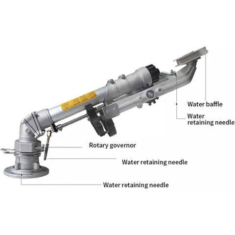 360 Degree Rotating Farm Irrigation Spray Gun With Adjustable Nozzle showing rotary governor and water retaining needles for irrigation.