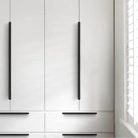 Aluminum Alloy Concealed Cabinet Door Pulls 1200mm Two Piece Black Wardrobe Kitchen Handles With Finger Edge on white cabinets