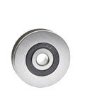 Two Pack 6x33x8 Mm V Groove Bearing Pulley Wheel Set In Stainless Steel Wire Guide Roller For Lifting Mechanical Parts Heavy Duty Rustproof Construction With Silent Smooth Operation For Indoor And Outdoor Use. Close-up of stainless steel V-groove pulley wheel