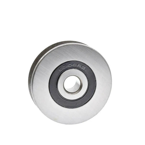 Two Pack 6x33x8 Mm V Groove Bearing Pulley Wheel Set In Stainless Steel Wire Guide Roller For Lifting Mechanical Parts Heavy Duty Rustproof Construction With Silent Smooth Operation For Indoor And Outdoor Use. Close-up of stainless steel V-groove pulley wheel