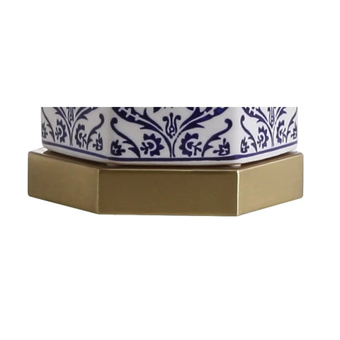 Blue And White Ginger Jar Ceramic LED Table Lamp With Hex Damask Pattern White Linen Shade Brass Accents Includes LED Bulb ETL Listed About 24 Inch Tall Modern Rustic Corner Accent Light