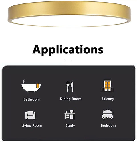 Gold Flush Mount Ceiling Light 2 Pack 9 Inch Modern LED Ceiling Fixtures shown with application icons for various rooms.