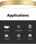 2 Pack Gold Flush Mount Ceiling Light 12 Inch Metal Modern Round Light Fixtures showing application icons for various rooms.
