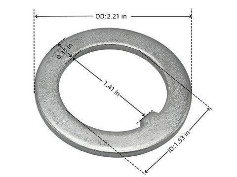 Front view metal trailer spindle washer for 1.5-in tongue; OD 2.21 in, ID 1.53 in.