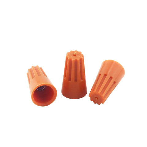 Three orange wire nuts from the 700 Piece Electrical Wire Connectors Kit with Easy Screw In Nuts and Springs Orange Insulated Wire Caps.