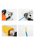 Close-up of Super Heavy Duty Pneumatic Crimping Tool With Four Die Sets for Wire Terminals and blue wire connection.