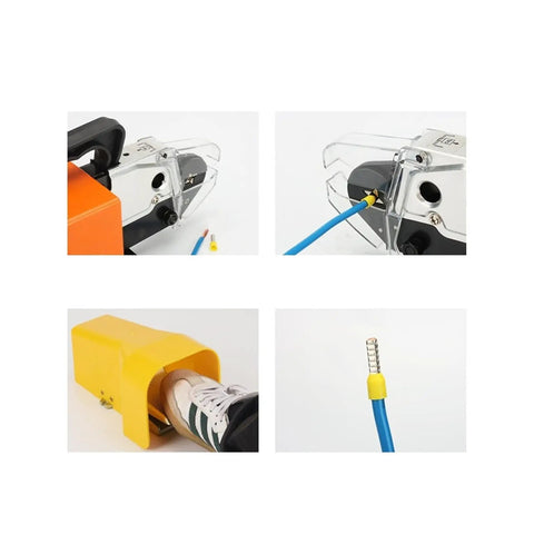 Close-up of Super Heavy Duty Pneumatic Crimping Tool With Four Die Sets for Wire Terminals and blue wire connection.