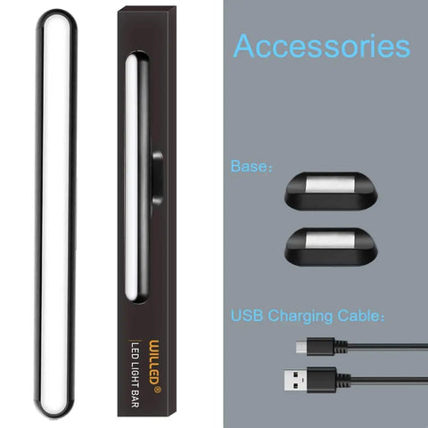 Must Have Rechargeable Touch Light Bar With 3W LED, 2000mAh Battery and accessories, including magnetic base and USB cable