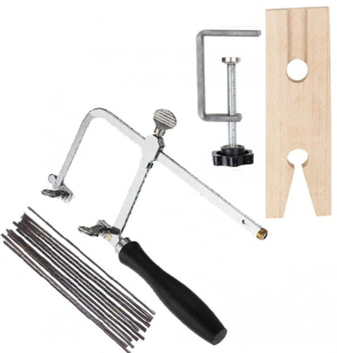 Adjustable Jeweler's Saw Frame Kit With 144 Blades Pro Grade 3 In 1 Jewelry Making Set For DIYers and Pros with clamp and bench pin.